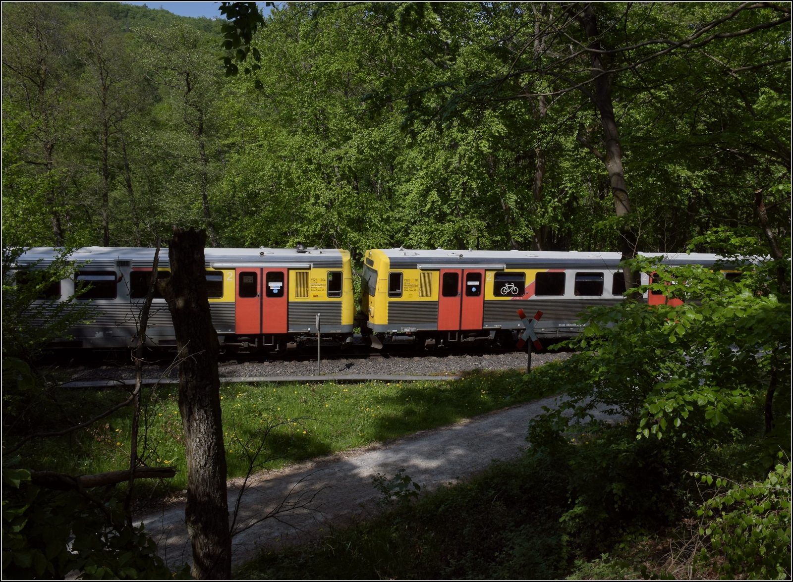 Abgesang auf die Taunus Elevated.

609 018 HLB VT21 und 609 020 HLB VT02 am Bahnübergang Pionierweg zwischen der Saalburg und Köppfen auf dem Weg nach Grävenwiesbach. Mai 2022.