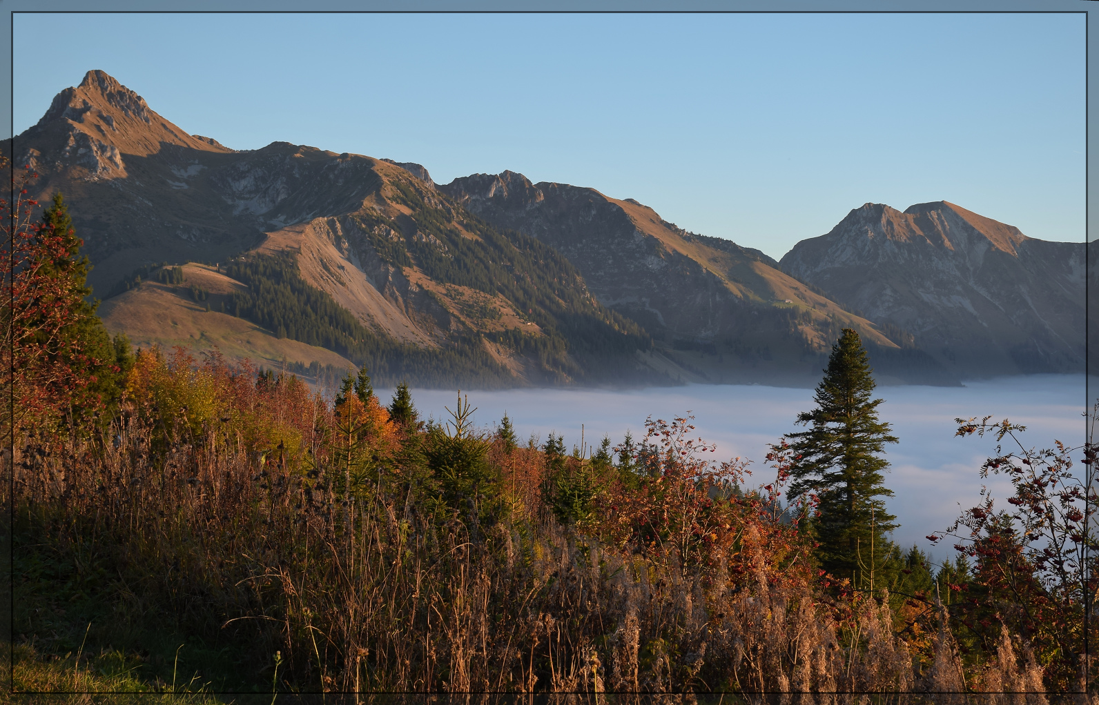 Ausklang eines hochnebligen Tages.

Blick vom Schwarzenbühlpass gen Süden. Oktober 2025.