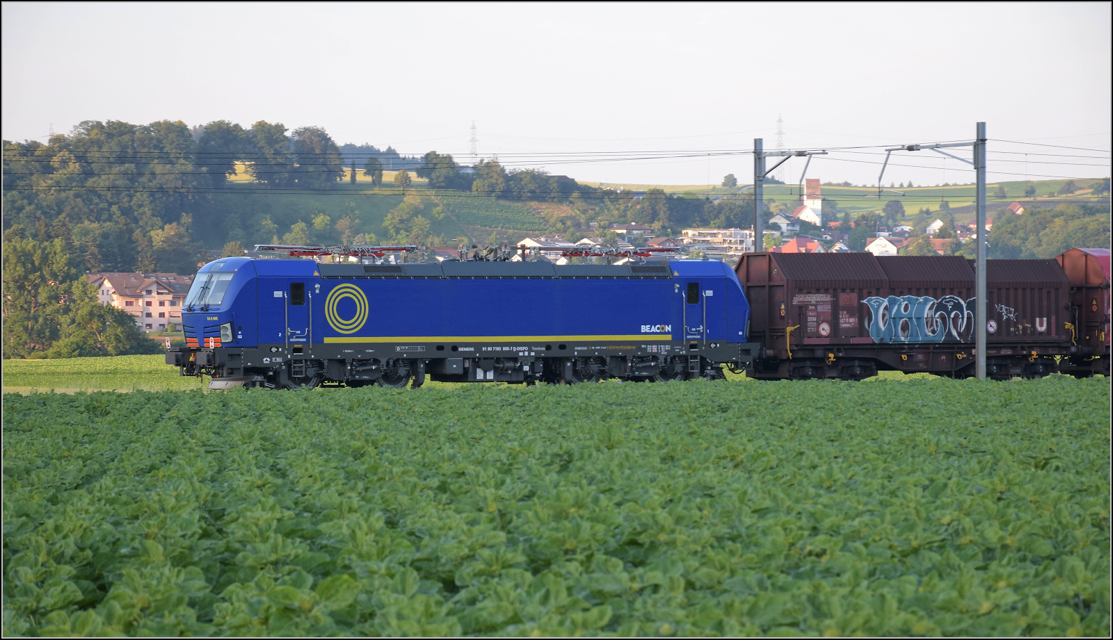 Blauer Vectron 7193 805 von Beacon bei Henschiken, Juni 2025.
