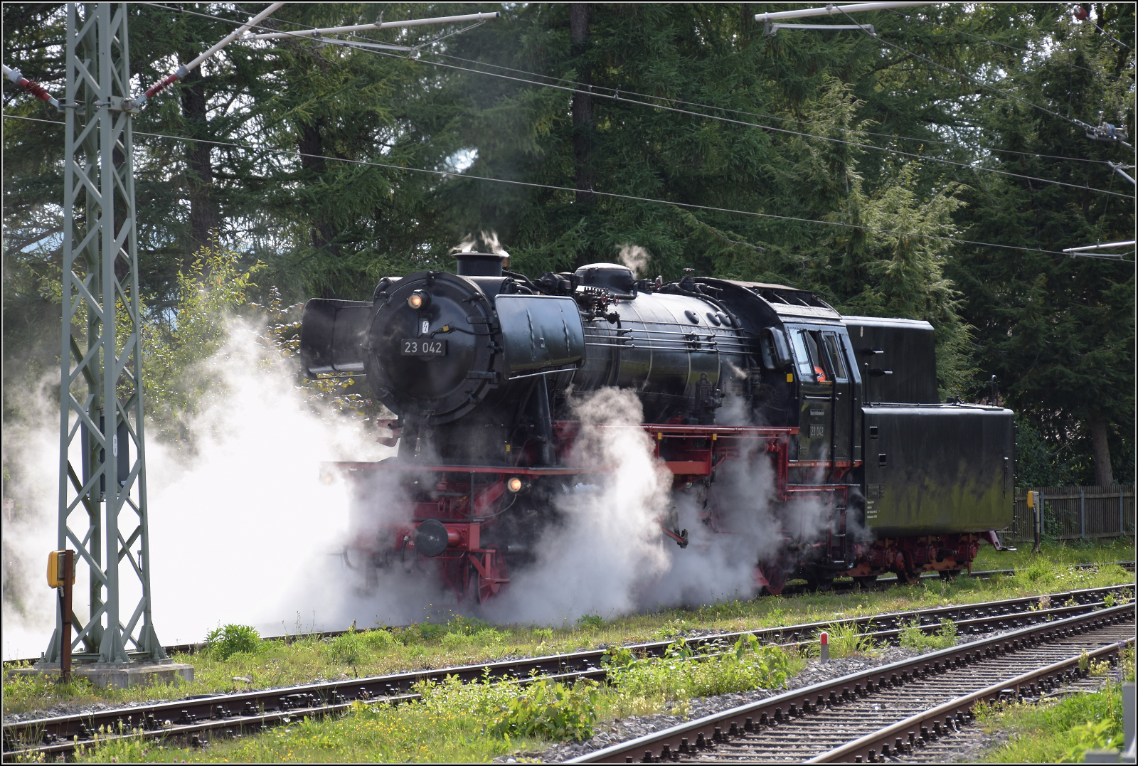 Dampf im Hochschwarzwald. 

23 042 rangiert in Titisee. September 2025.