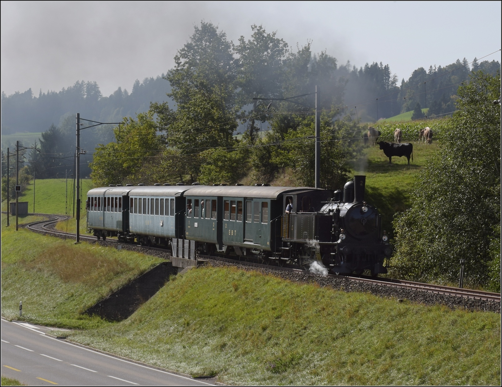 Dampftage Huttwil.

Ed 3/4 2 der Solothurn-Münster-Bahn auf dem Weg nach Huttwil. Griesbachmoos, Oktober 2023.