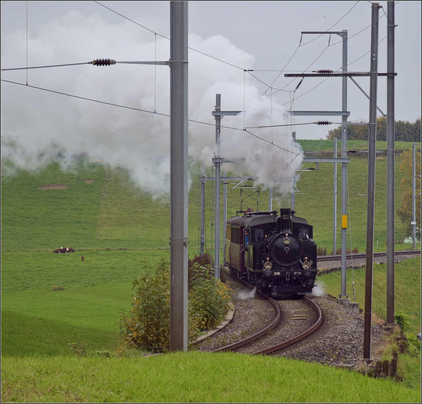 Das letzte Mal daheim in Schwarzenburg.

BSB Ed 3/4 51 auf ihrer Heimstrecke, bevor sie wegen ETCS ein Hausverbot bekommt. Hier im Feldmoos kurz vor der Einfahrt Schwarzenburg. Oktober 2025.