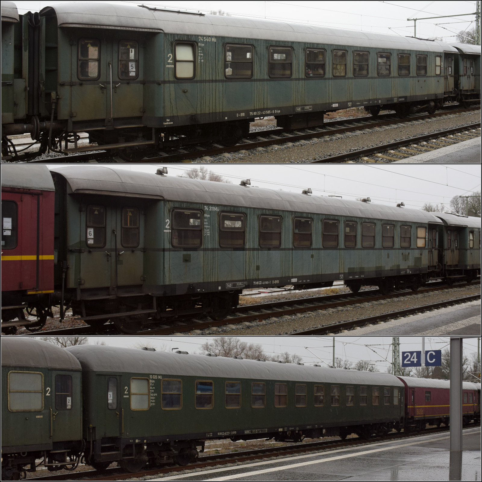 Der historische Zug des BEM in Lindau-Reutin, Februar 2023:

geschweiter Eilzugwagen 75 80 22-43 585-6 D-BYB 74 540 M B4ye
geschweiter Eilzugwagen 75 80 22-43 583-1 D-BYB 74 311 M B4ye
26,4m-Schnellzugwagen der DB 56 80 22-40 171-1 D-BYB 19 026 M Bm