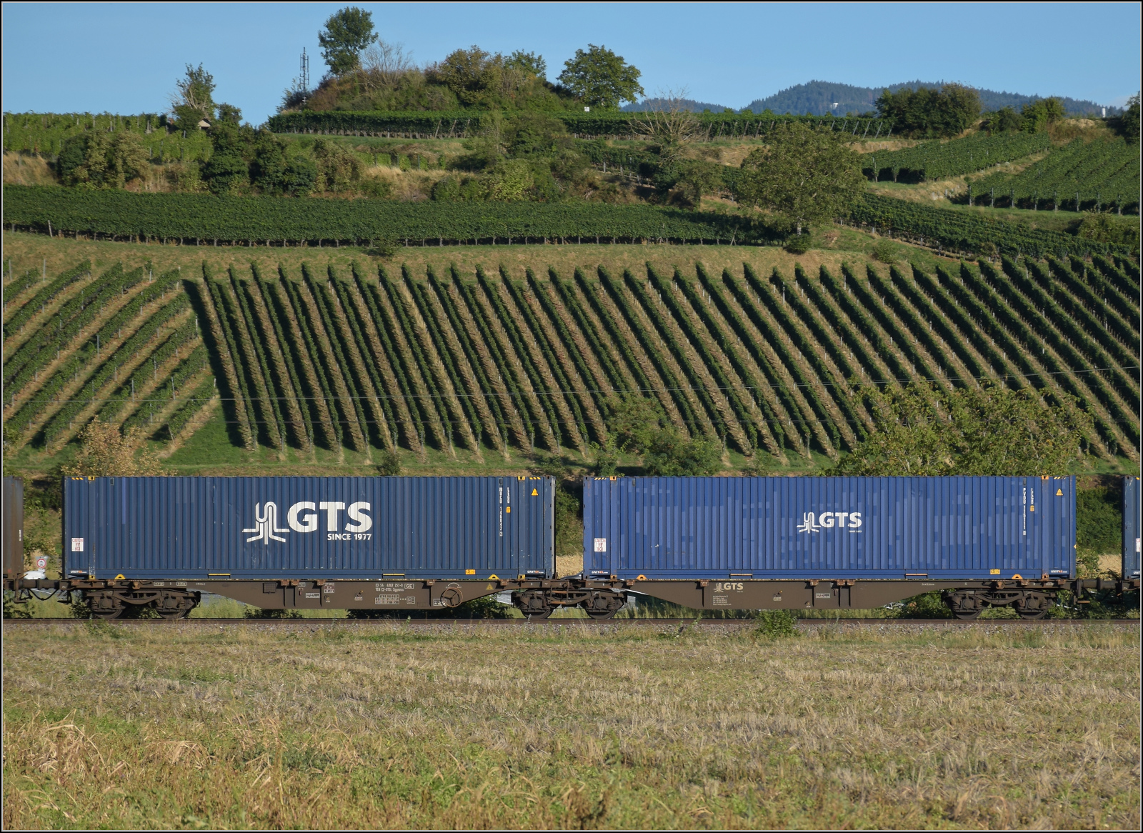 Der Wagen 33 54 4962 257-0 TEN CZ-GTSL Sggmrss im Zugverband mit Re 475 435. Buggingen, September 2026.