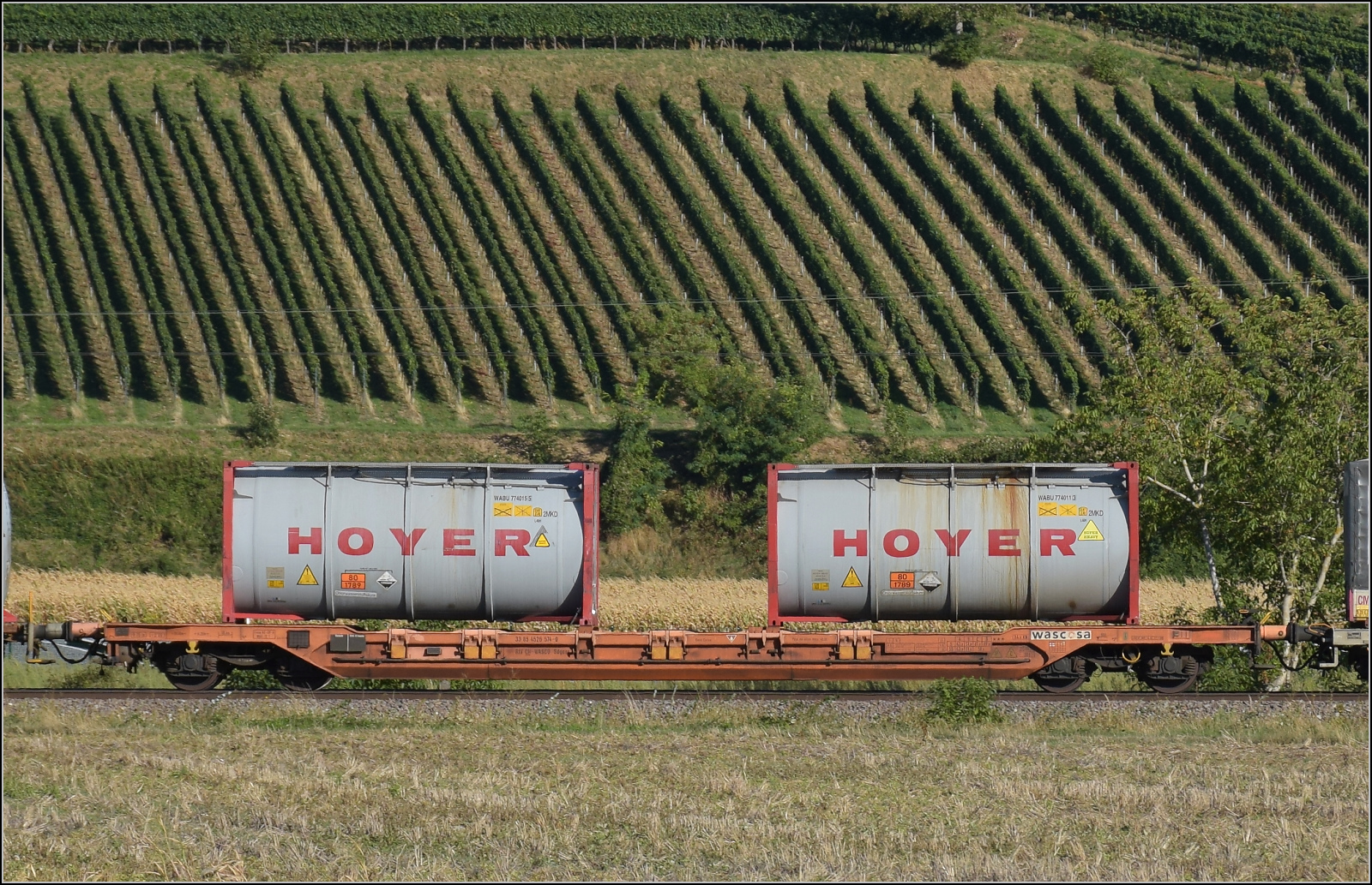 Der Wagen 33 85 4526 574-0 TEN CH-WASCO Sdgnss im Zugverband mit Re 482 004. Buggingen, September 2026.