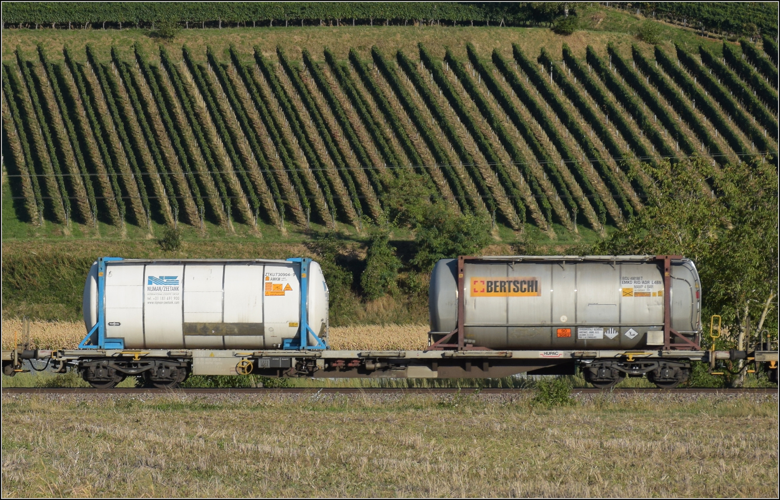 Der Wagen 33 85 4575 324-0 TEN CH-HUPAC Sgnss im Zugverband mit Re 482 030. Buggingen, September 2026.