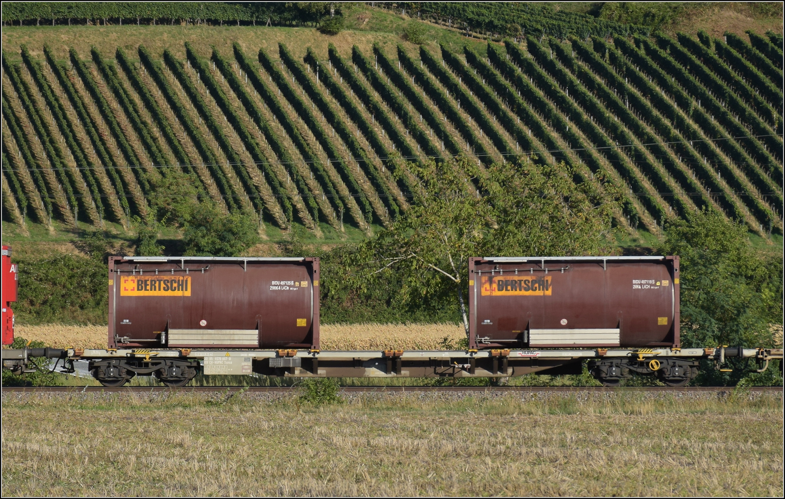 Der Wagen 33 85 4576 007-0 TEN CH-HUPAC Sgnss im Zugverband mit Re 482 030. Buggingen, September 2026.