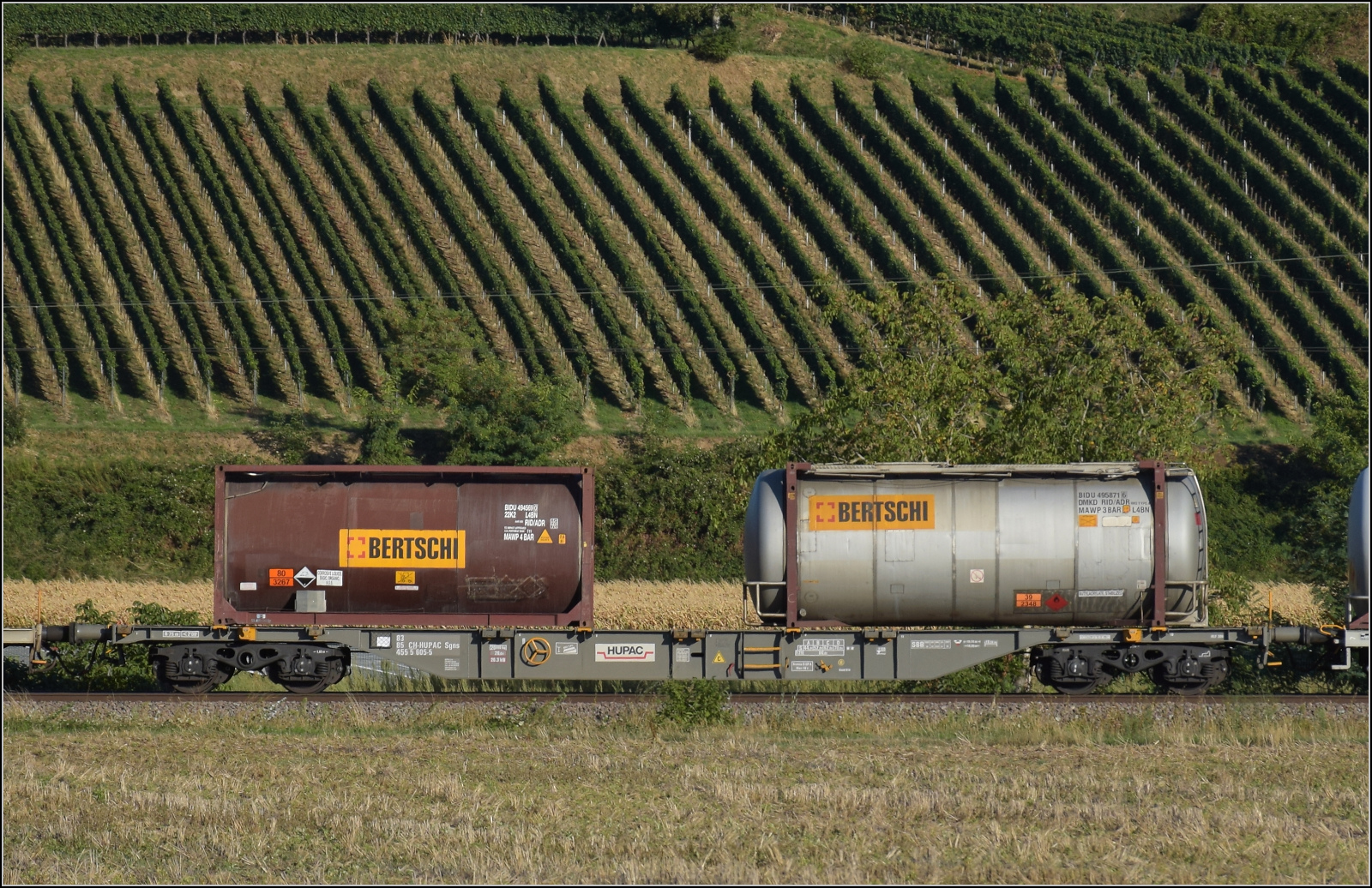 Der Wagen 83 85 4555 605-5 TEN CH-HUPAC Sgns im Zugverband mit Re 482 030. Buggingen, September 2026.