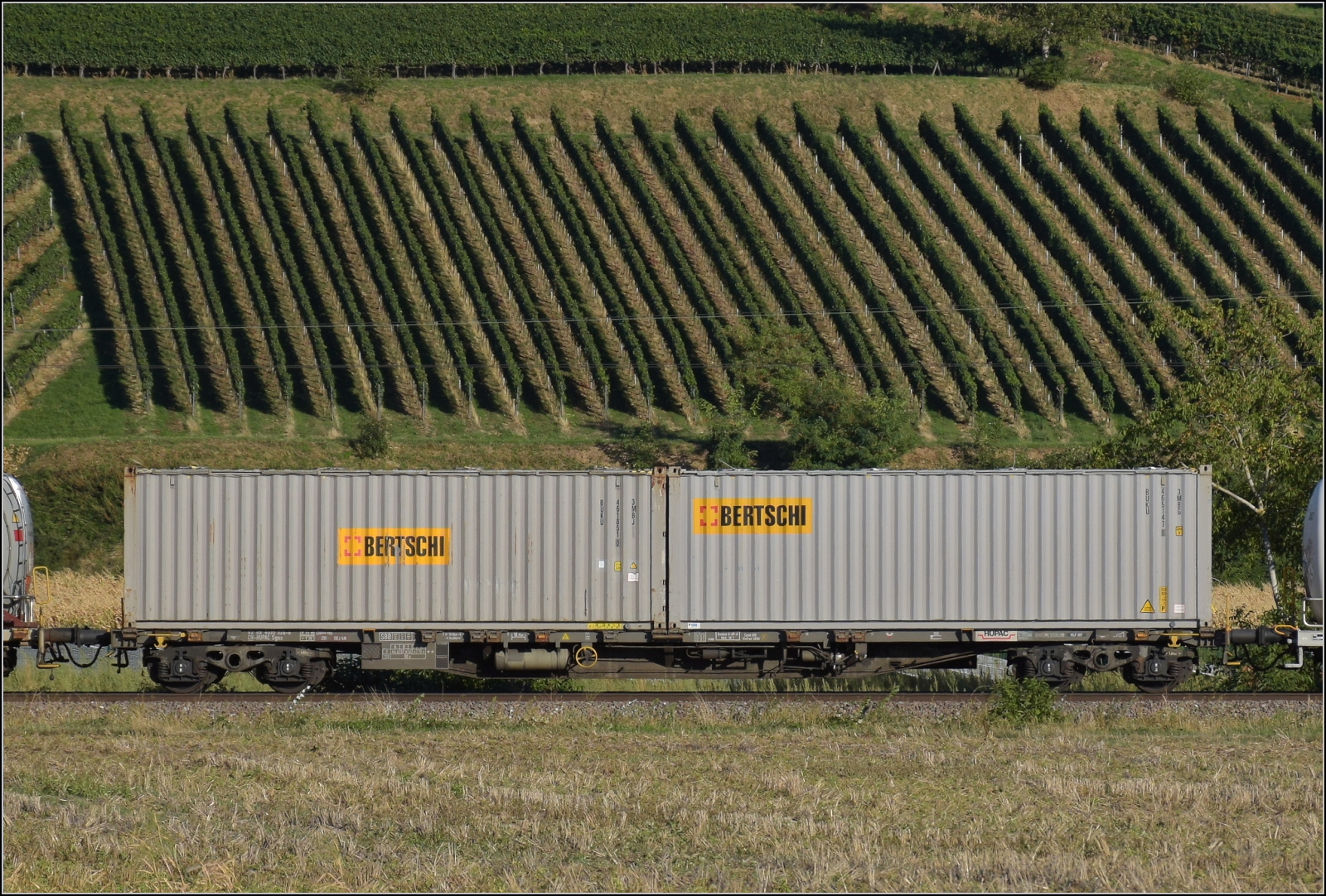 Der Wagen 83 85 4555 324-8 TEN CH-HUPAC Sgns im Zugverband mit Re 482 030. Buggingen, September 2026.