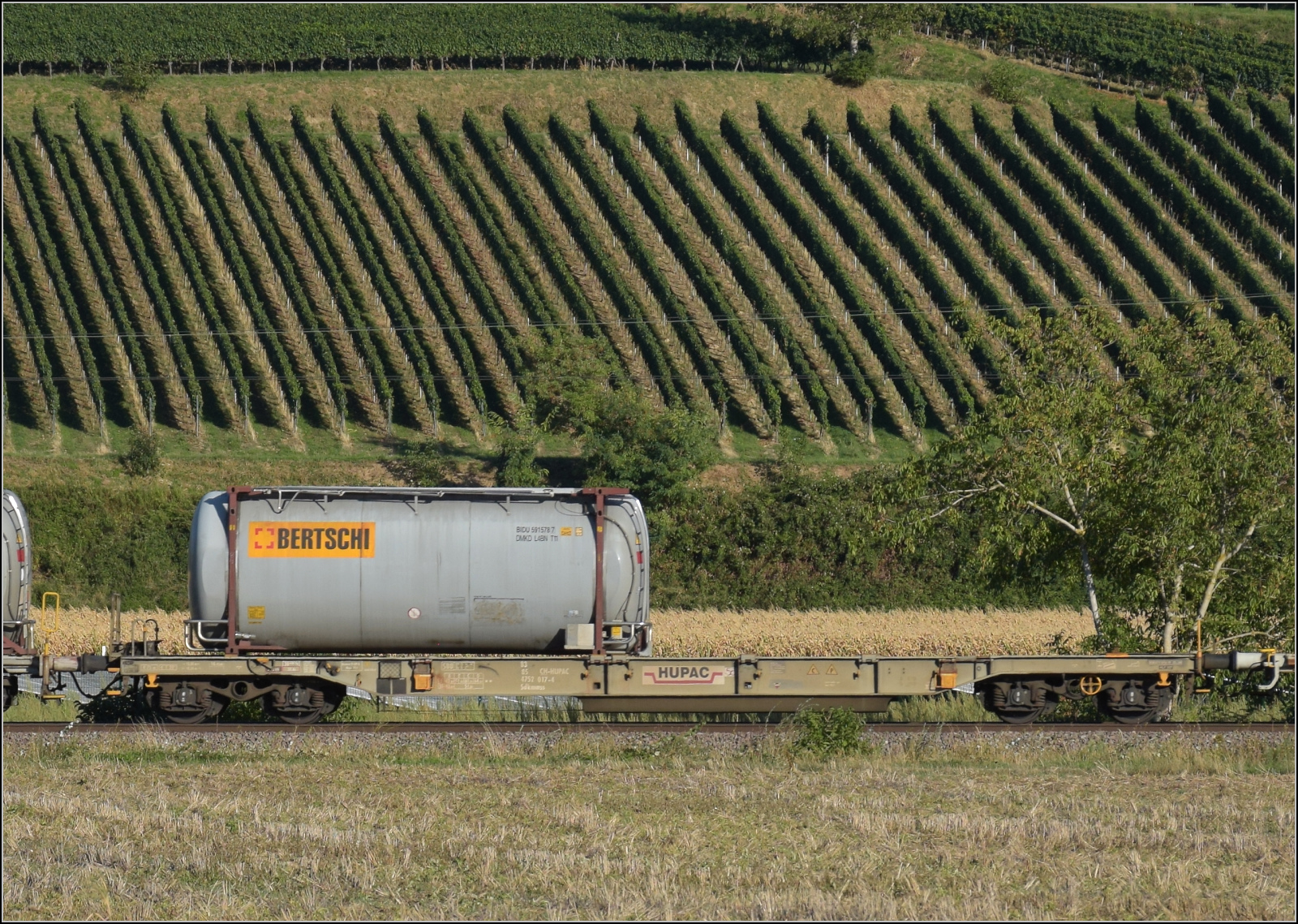 Der Wagen 83 85 4761 078-7 TEN CH-HUPAC Sggnss im Zugverband mit 193 540 'Atomium'. Buggingen, September 2026.