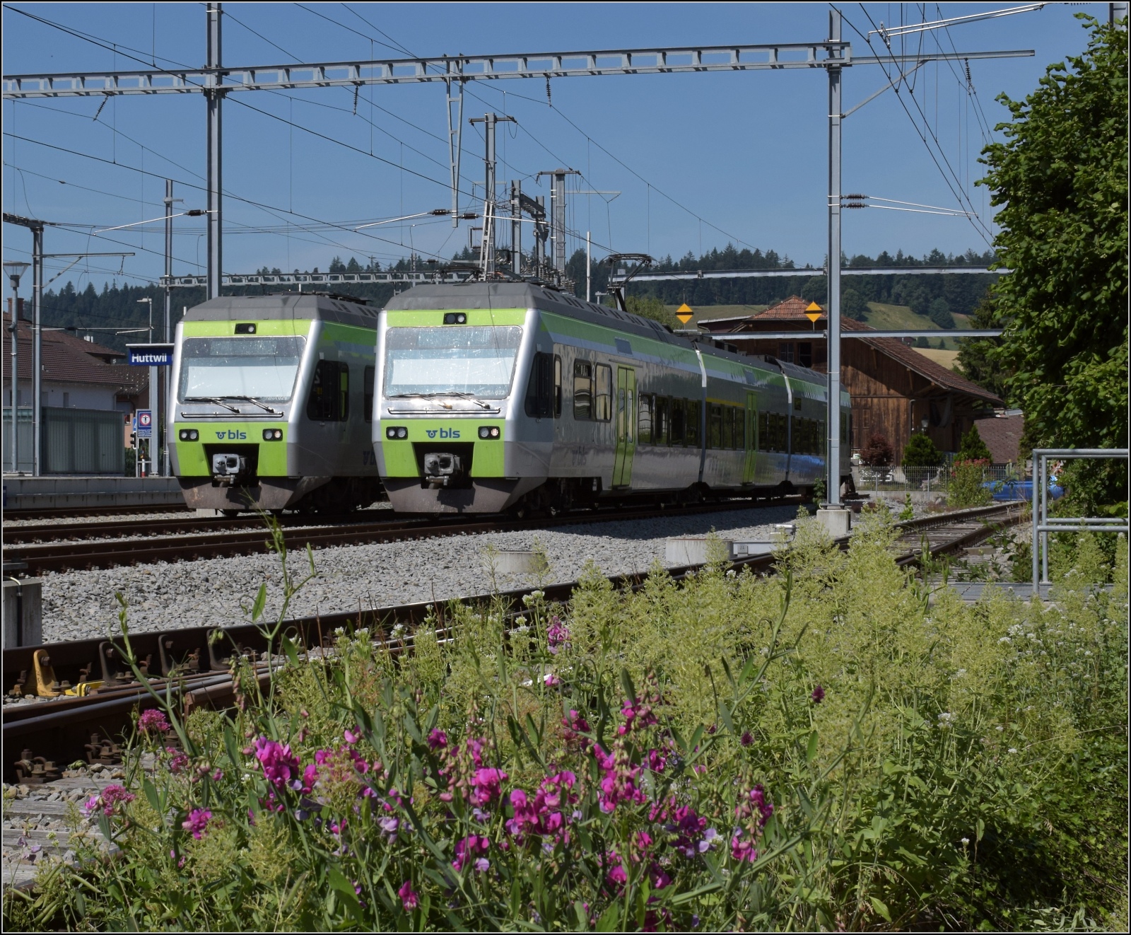 Die Ninas RABe 525 029 und RABe 525 032 sind im Bahnhof Huttwil geparkt. Juli 2023.