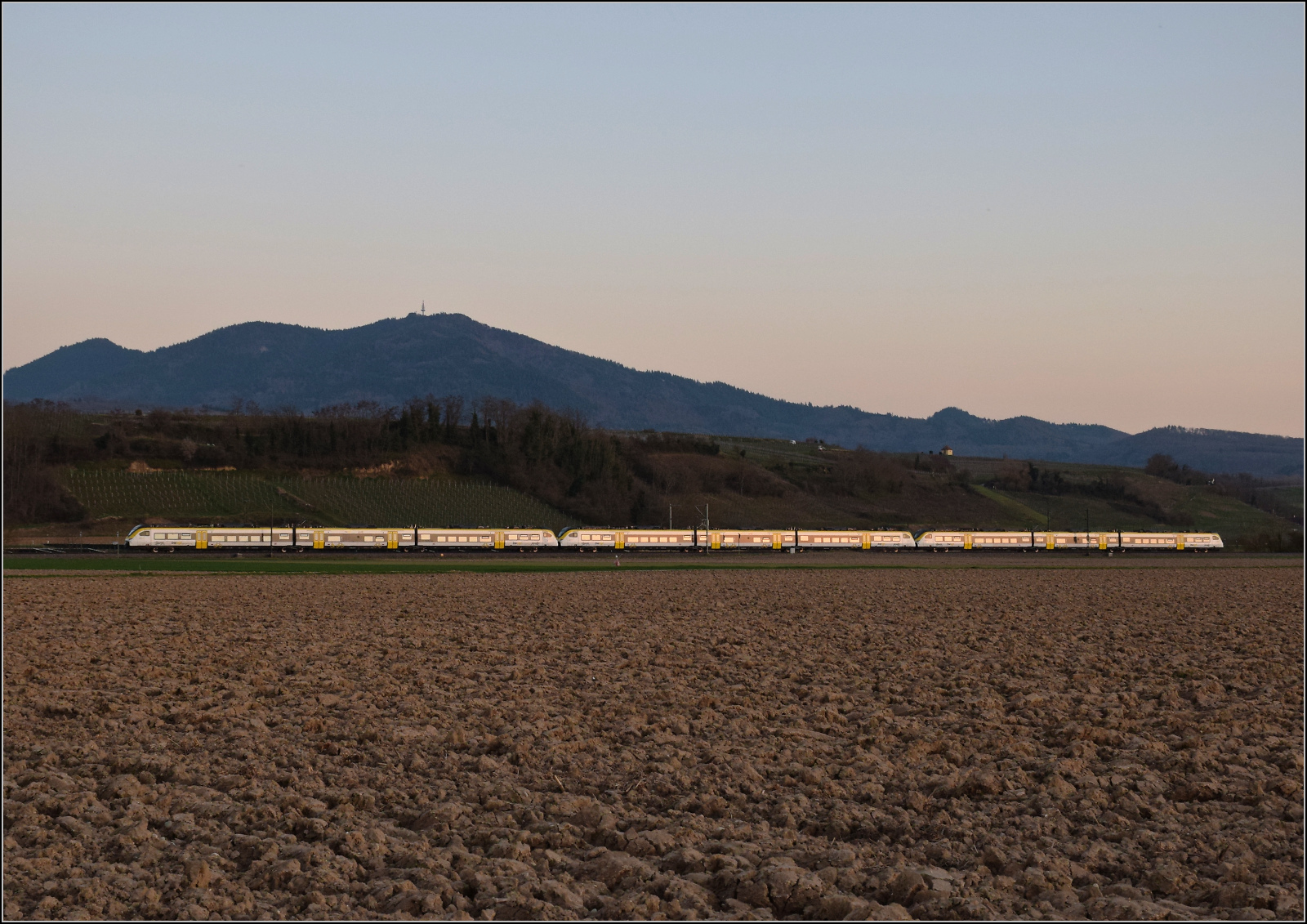 Ein unbekannt gebliebenes Dreierpack 463 im Bwegt-Design fährt bei Buggingen im letzten Abendlicht südwärts. Februar 2026.