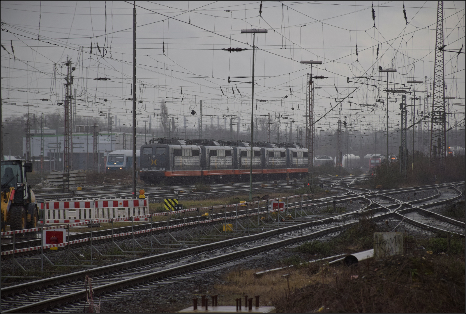 Eine lange Schlange Schaukelpferde ohne die begleitenden Tauri. Duisburg, Februar 2026.