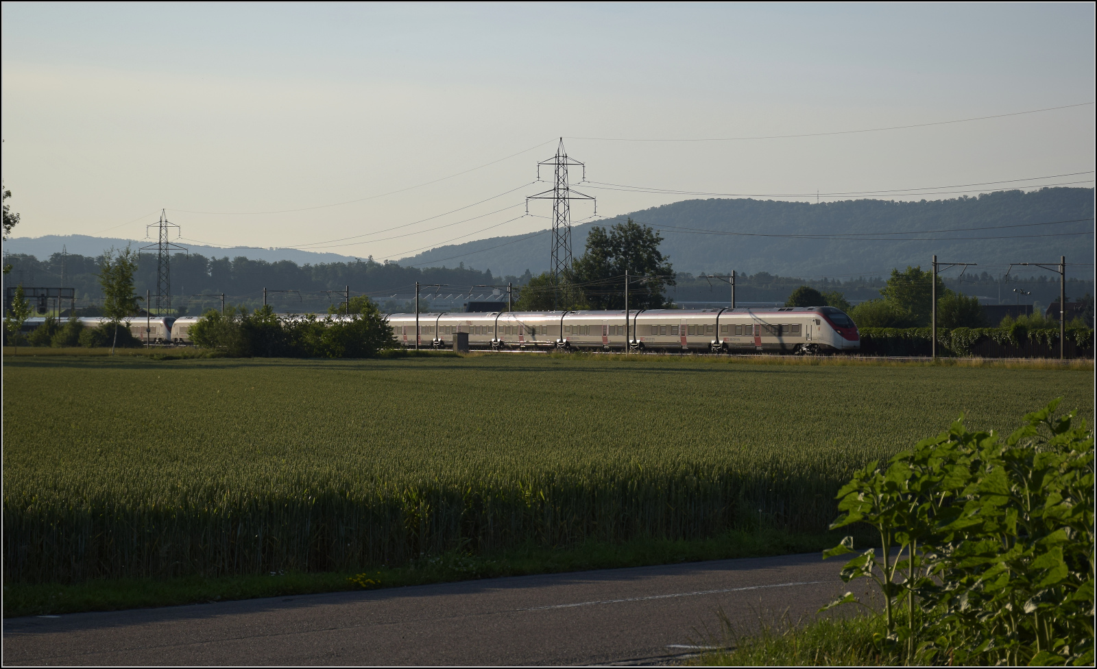 Für Abwechslung bei Hendschiken sorgt ein umgeleiteter Fernverkehrszug mit RABe 501 025 'Geneve' und RABe 501 020 'Luzern'. Juni 2025