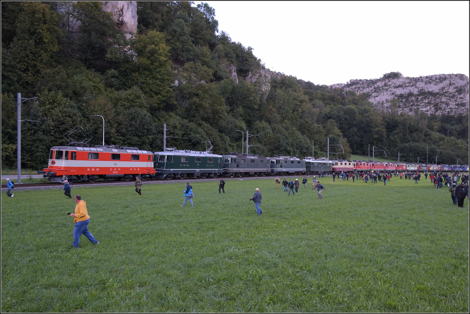 Grosses BoBo-Treffen in Balsthal: 60 Jahre Re 4/4 II in der Schweiz.

Von vorne nach hinten sind im Bild sichtbar zusammengestellt: Re 4/4 II 11141 (Swiss Express), 11173 (grün im Auslieferungszustand), 11335 (grün), 11161 (grün), Re 4/4 I 10039 (grün), Re 4/4 II 11393 (TEE), Re 4/4 III 11350 (rot), Re 4/4 II 11193 (rot), Re 4/4 11130 (rot), 11230 (Lion), 11257 (Entsorgung), 11252 (Wartung mit Durchblick), 11251 (175 Jahre Schweizer Bahnen), 11160 (Cargo), 11379 (Zürich-München), 11117 (WRS 502). Oensingen, September 2024.