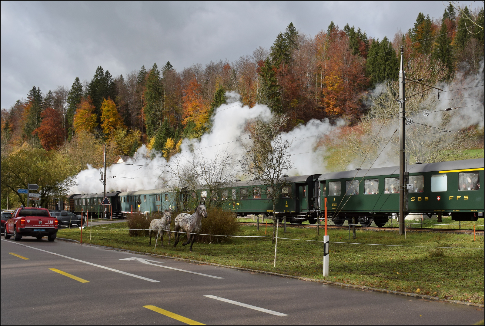 Gruseln zwischen Asphalt und Absinth. 

TKp 16 'Śląsk' mit dem Halloweenzug beim Scheitelpunkt bei Les Bayardes Gare. Einen Flirt kennen die Rösser, aber eine Dampflok überfordert doch das Gemüt, wie man sieht. Oktober 2025.