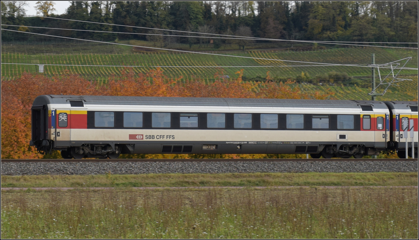 Herbst in Auggen.

101 101 mit dem EC 9 Dortmund – Basel. Im Bild ist Apm 61 85 10-90 216-5 CH-SBB. Oktober 2025.