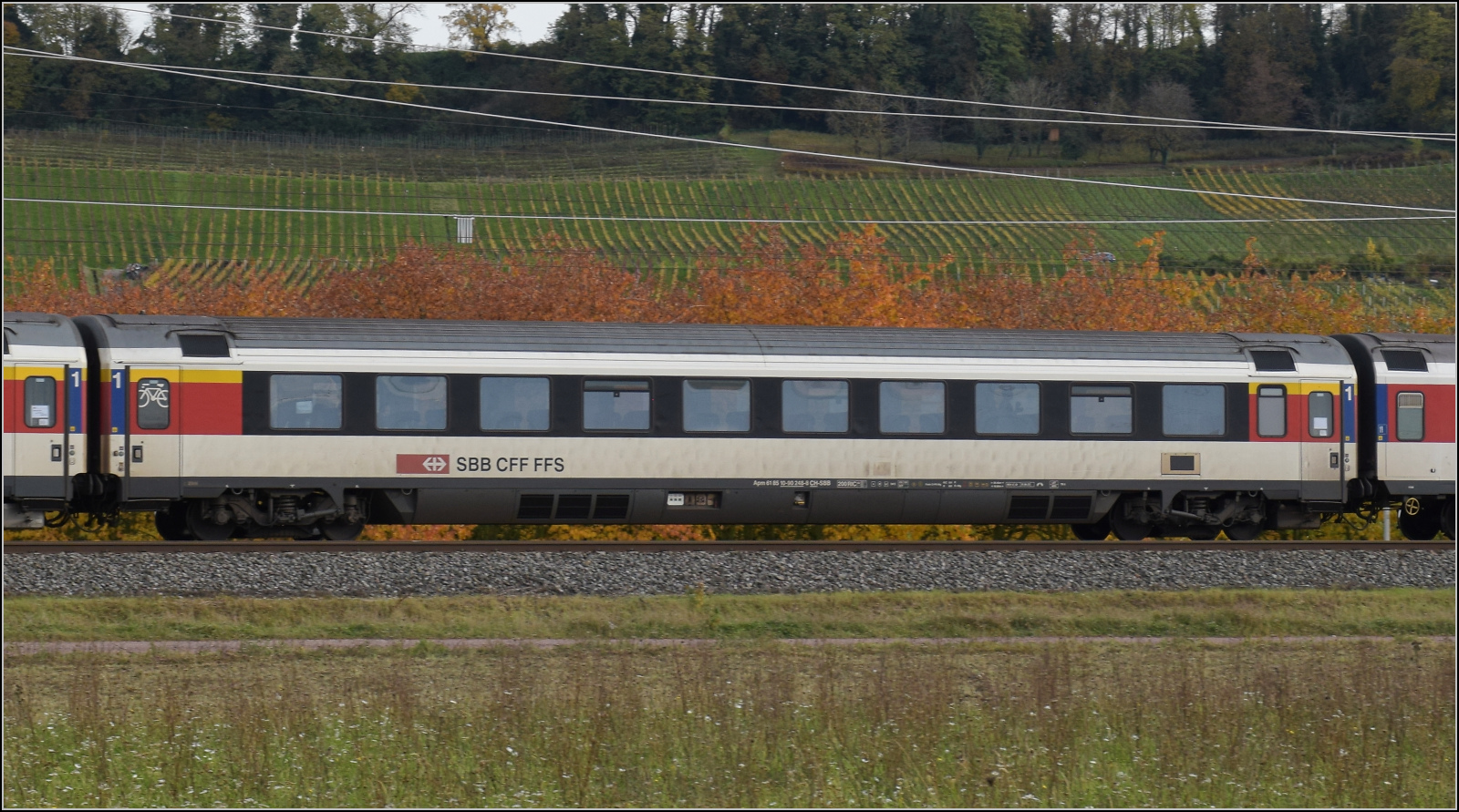 Herbst in Auggen.

101 101 mit dem EC 9 Dortmund – Basel. Im Bild ist Apm 61 85 10-90 248-8 CH-SBB. Oktober 2025.