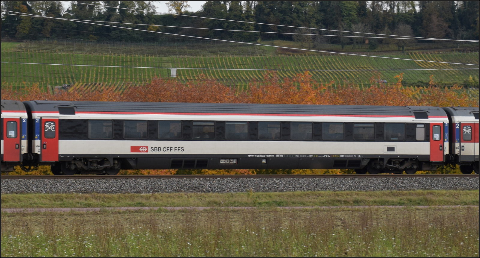Herbst in Auggen.

101 101 mit dem EC 9 Dortmund – Basel. Im Bild ist Bpm 61 85 20-90 279-1 CH-SBB. Oktober 2025.