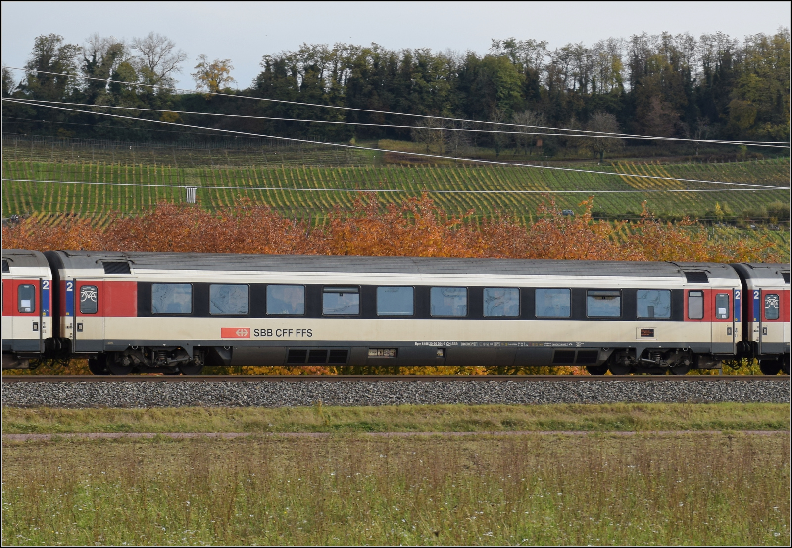 Herbst in Auggen.

101 134 mit dem EC 6 auf dem Weg nach Dortmund. Im Bild ist Bpm 61 85 20-90 204-9 CH-SBB. Oktober 2025.