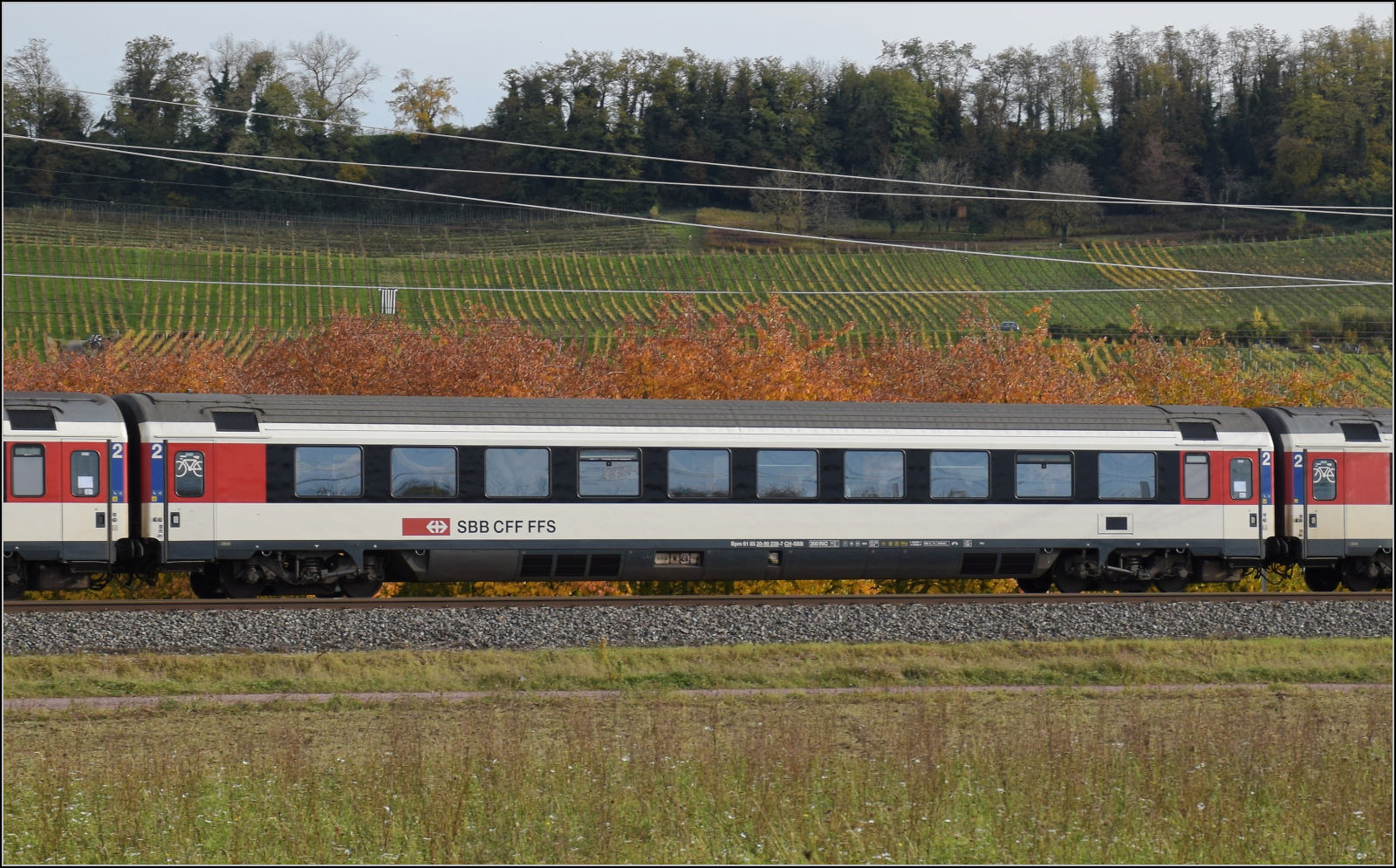 Herbst in Auggen.

101 134 mit dem EC 6 auf dem Weg nach Dortmund. Im Bild ist Bpm 61 85 20-90 238-7 CH-SBB. Oktober 2025.
