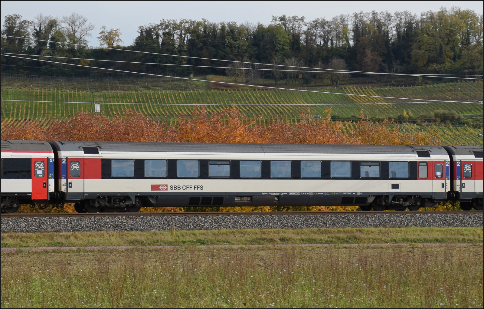 Herbst in Auggen.

101 134 mit dem EC 6 auf dem Weg nach Dortmund. Im Bild ist Bpm 61 85 20-90 222-1 CH-SBB. Oktober 2025.