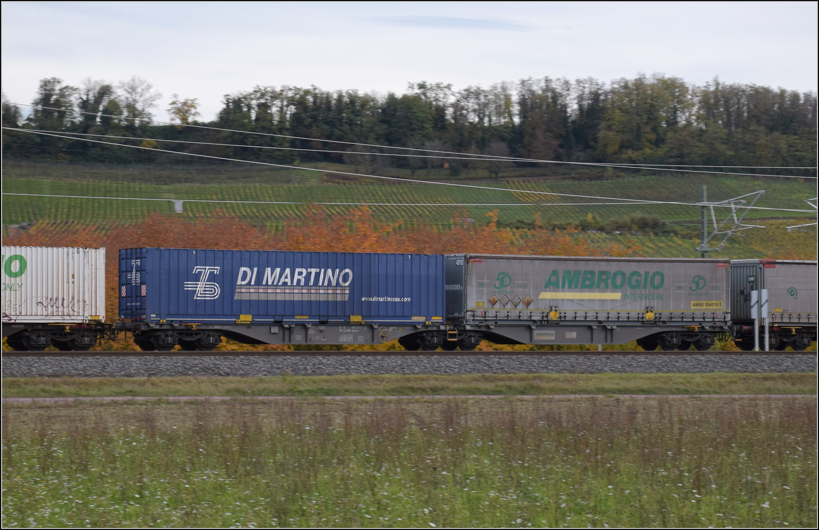 Herbst in Auggen.

186 499 von Railpool mit dem Ambroggiozug nach Süden. Im Bild der Containertragwagen 33 54 4952 377-6 CZ AMBR. Oktober 2025.
