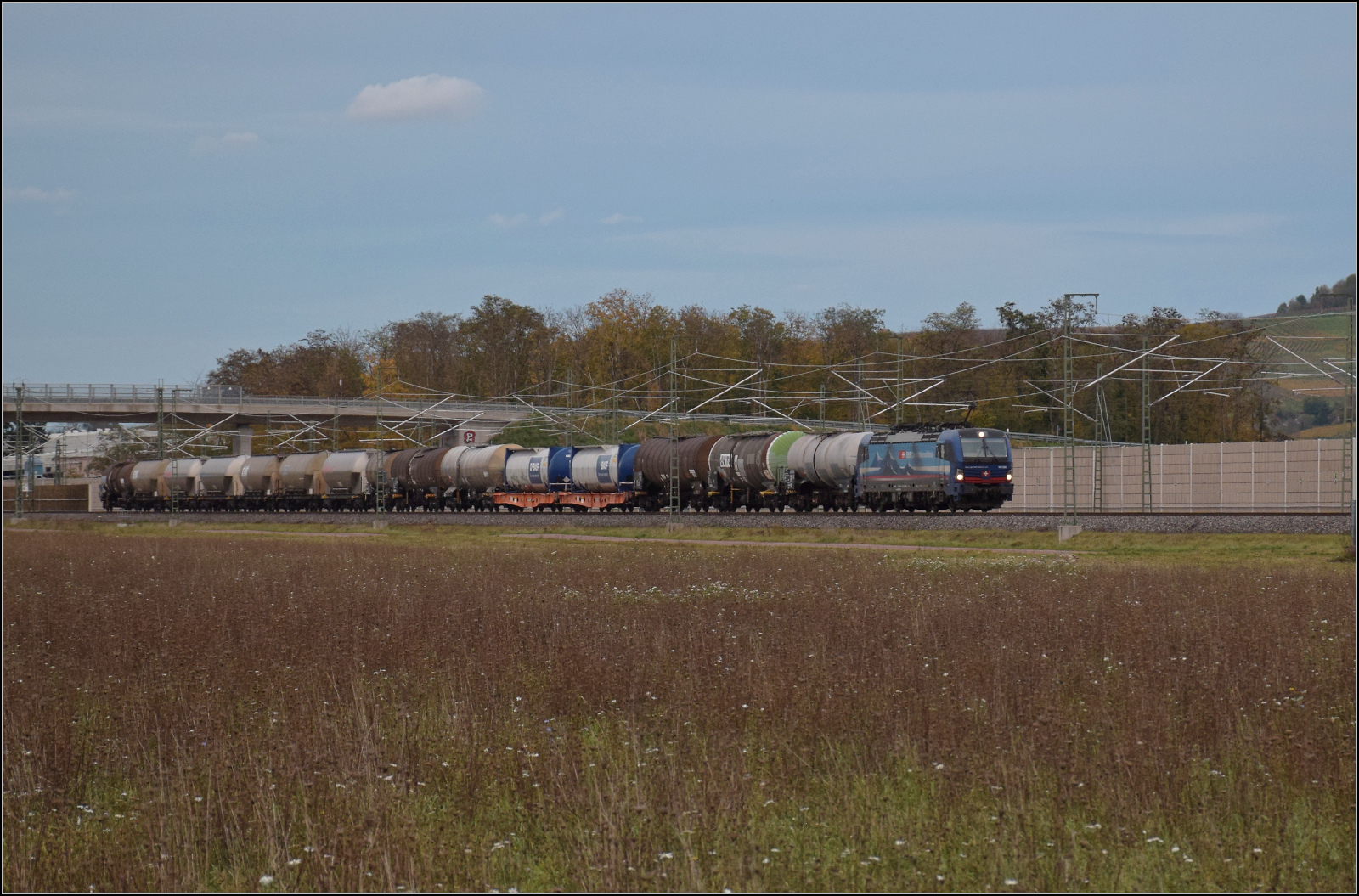 Herbst in Auggen.

193 526 'Maas' der SBB Cargo international mit Wagen für den Flüssigkeiten und Staub auf dem Weg nach Süden. Oktober 2025.