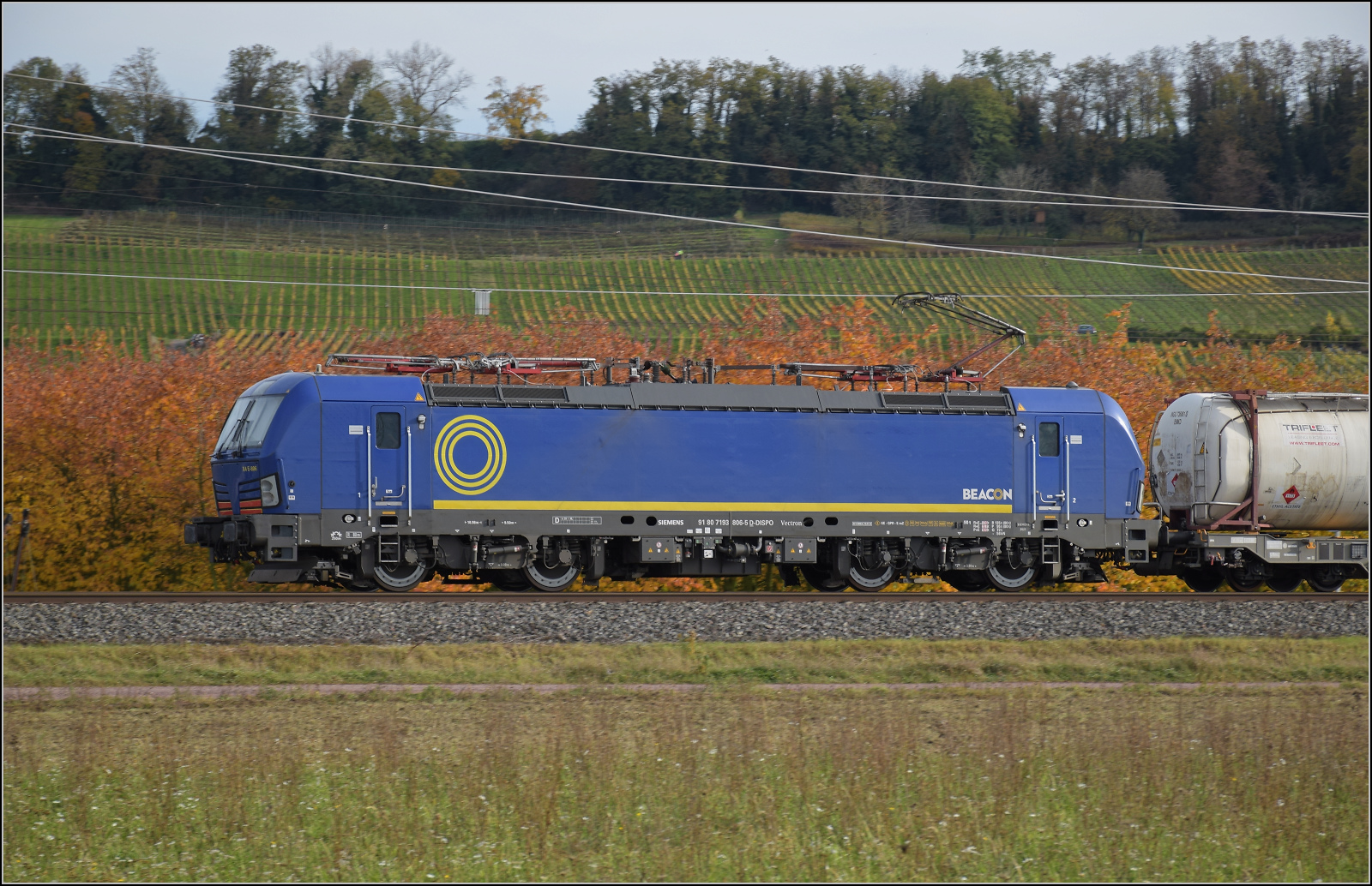 Herbst in Auggen.

193 806 von Beacon in blau ist nordwärts unterwegs. Oktober 2025.