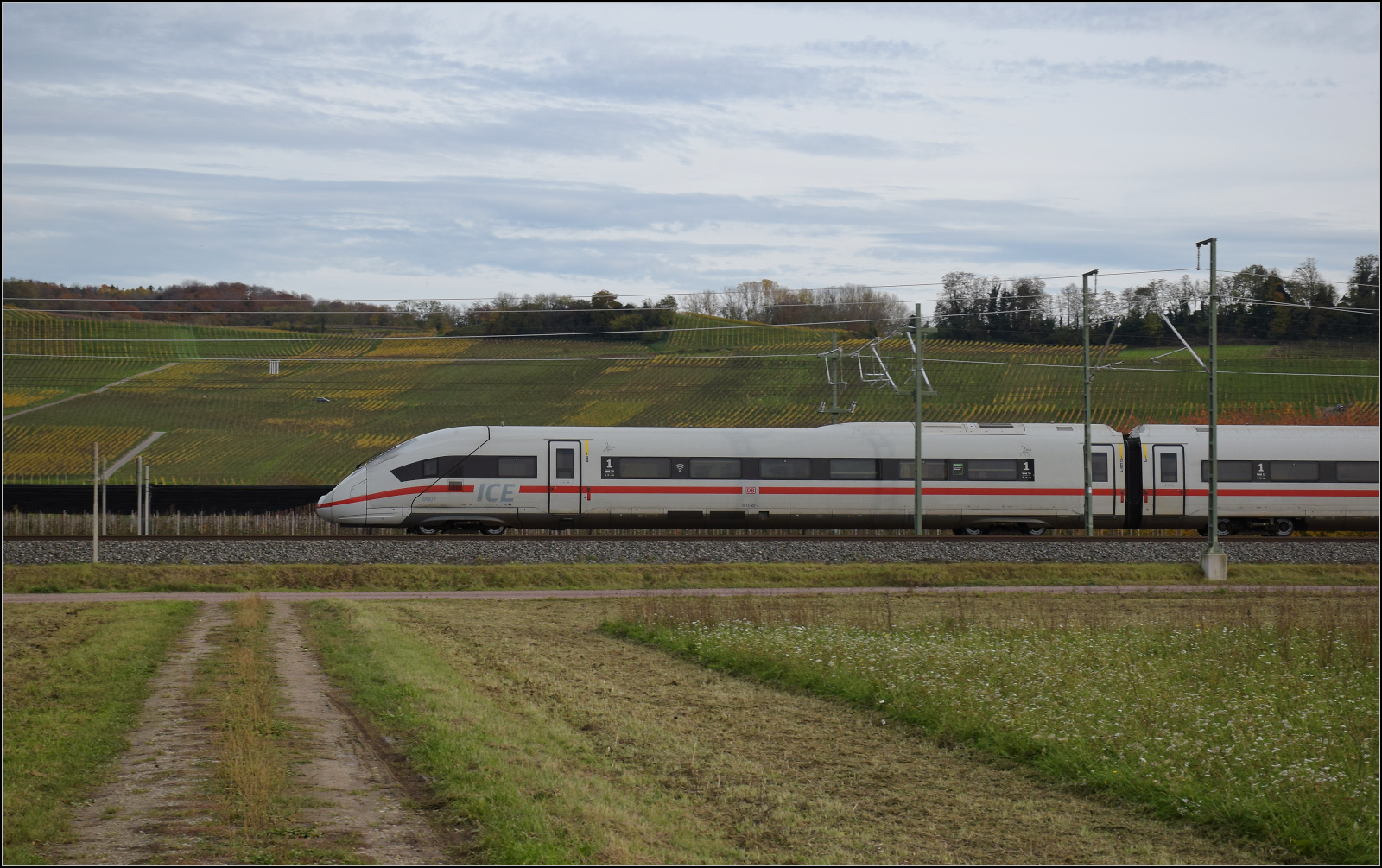 Herbst in Auggen.

Triebzug 9007 alias '412 007' auf dem Weg in die Schweiz. Oktober 2025.
