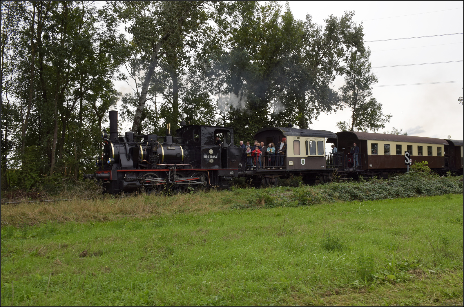 Im Elssser Ried mit der CFTR.

030 TB 134  Theodor  schwenkt von der Trasse der Colmarer Bahn auf die Strecke der Hafenbahn ein. Volgelsheim,  September 2024.