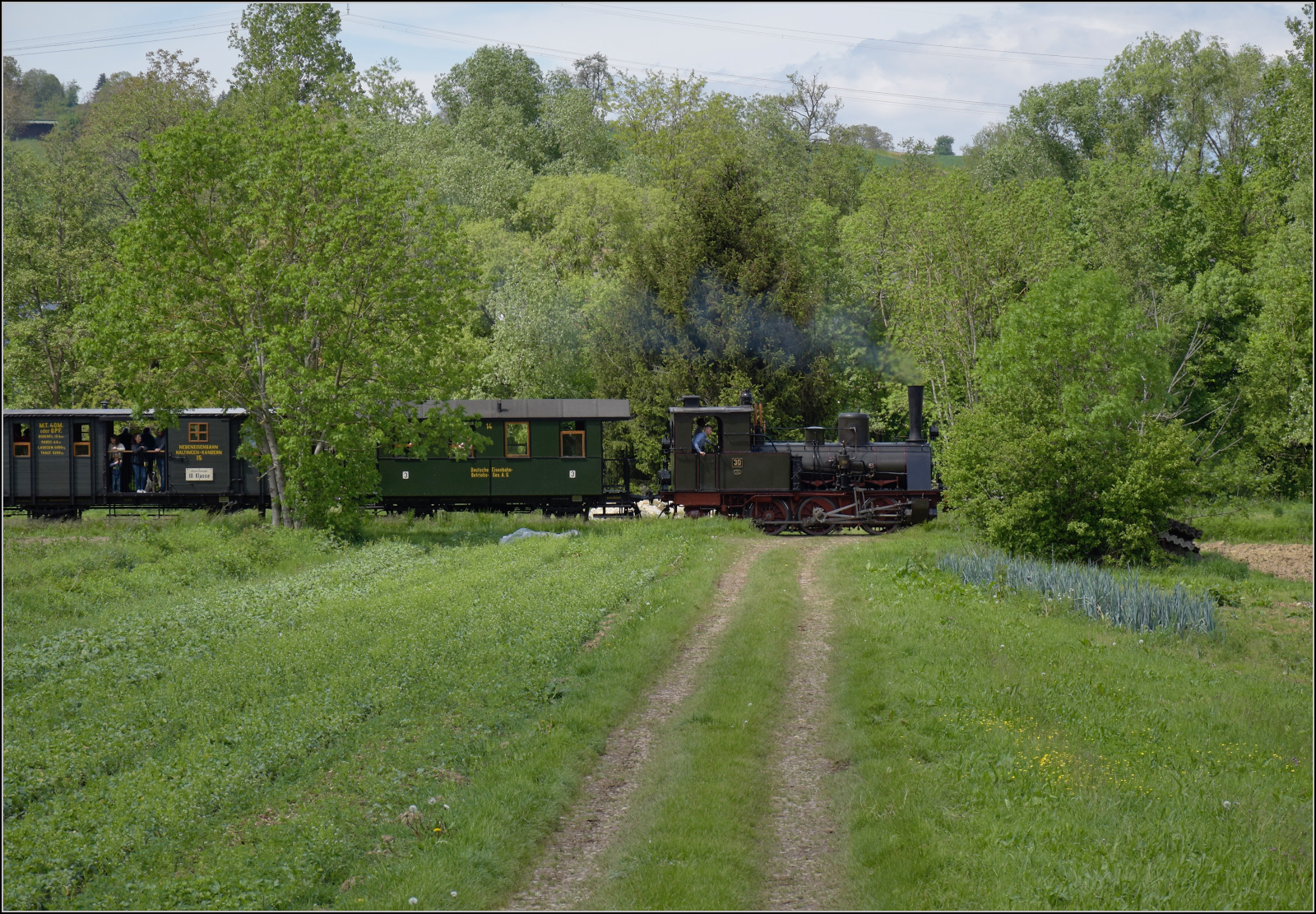 Kandertalbahn im Frhjahr.

Nebeneisenbahn-Museumszug mit Lok 30 bei Binzen. Mai 2024.