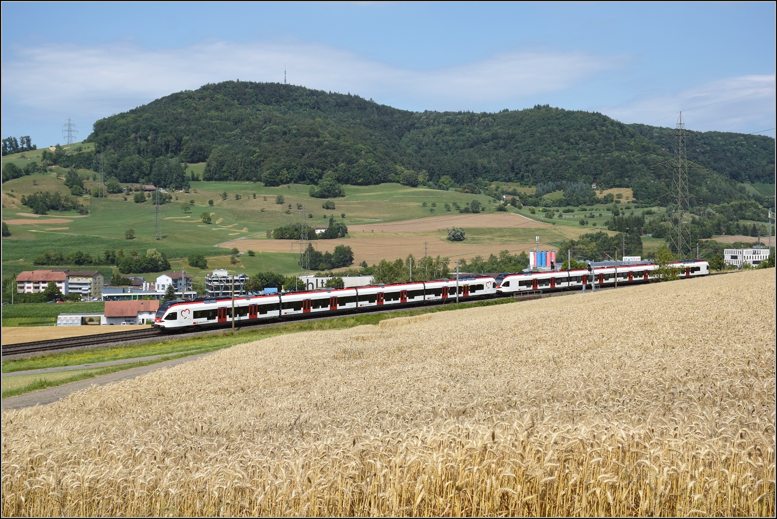 Mit einer hochwertigen Aufgabe waren die S-Bahn-Flirts RABe 521 016 'Sissach' und RABe 523 044 betraut und verkehrten als IC3 Zürich-Basel. Frick, Juli 2023.