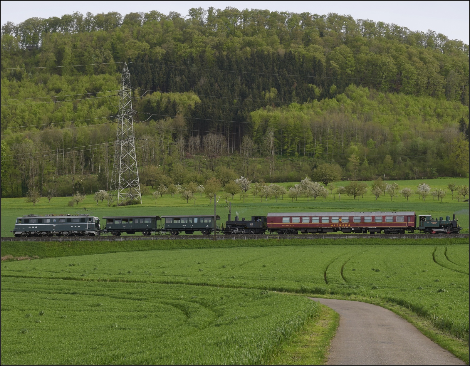 Nach dem Fest im Feldschlösschen. 

Der gesamte Zug mit Ae 6/6 11407, dann der Sihlthalbahnwagen C69 und C68, dazwischen das Tigerli E 3/3 8512, dann der Mitropaspeisewagen und am Ende das Chnurrli E 2/2 5666. Zeihen, April 2023.
