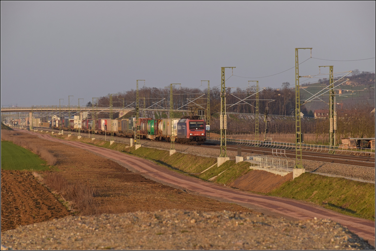 Nachmittag im Markgräfler Land. 

Re 482 022 'Alpezähmer' bei Auggen. Februar 2023.