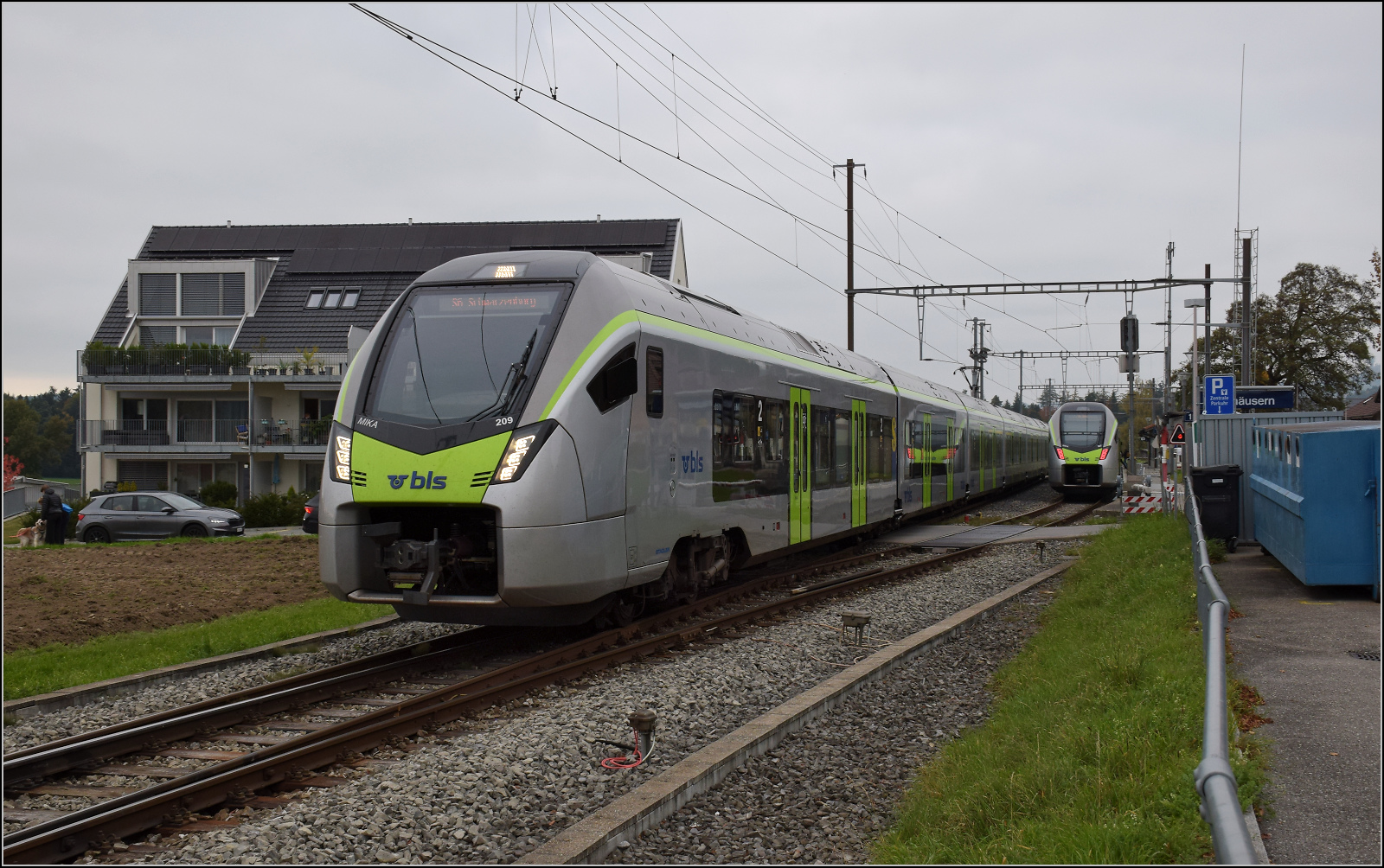 RABe 528 209 und RABe 528 227 begegnen sich in Mittelhäusern. Oktober 2025.