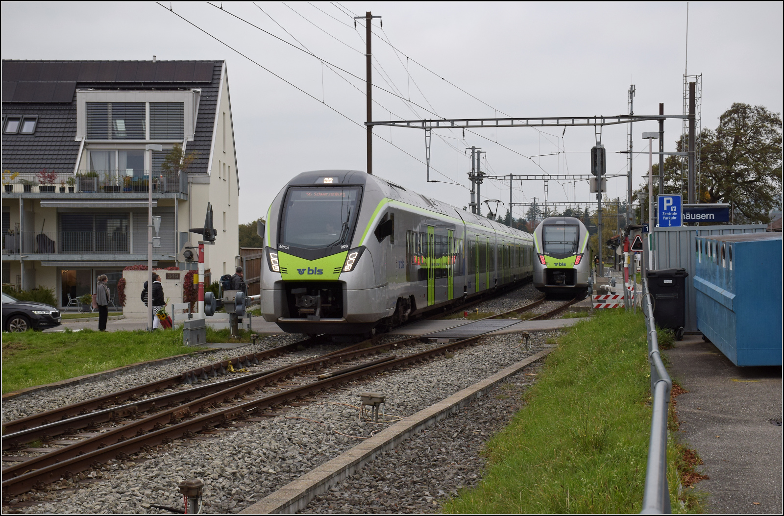 RABe 528 209 und RABe 528 227 begegnen sich in Mittelhäusern. Oktober 2025.