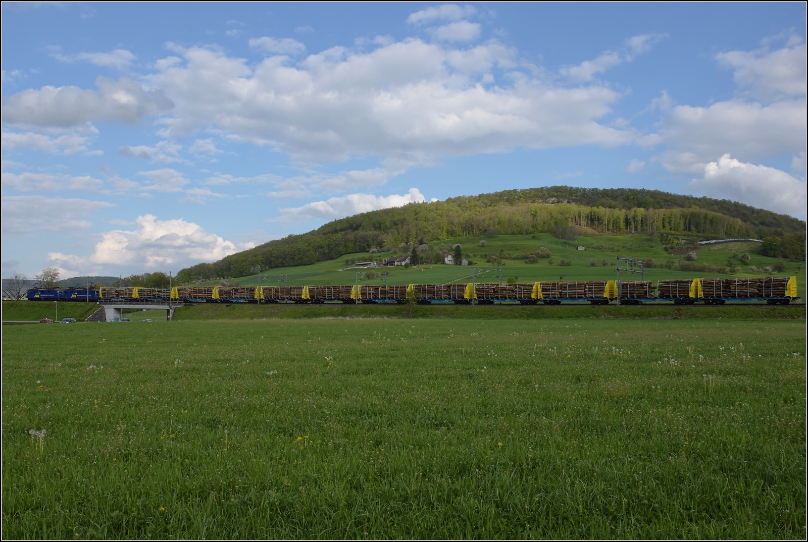 Re 430 111 WRS und Re 421 373 WRS mit einem beladenen Holzzug. Böckten, April 2022.
