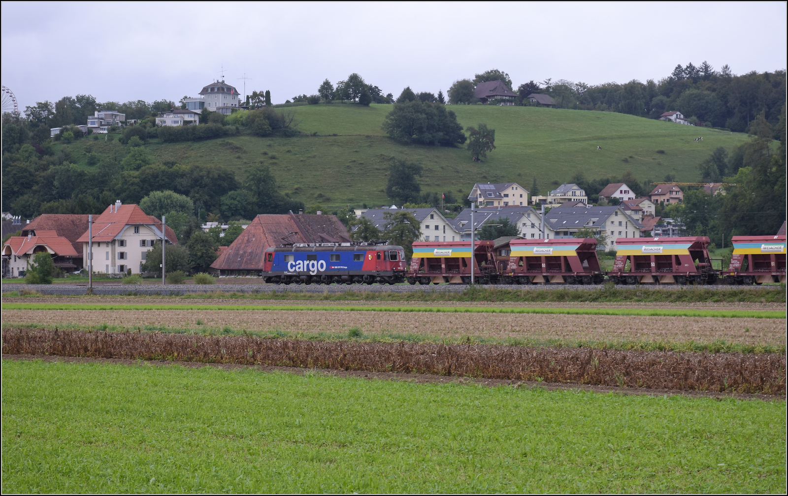 Re 6/6 11659 'Chavornay' zieht einen Kieszug an den Gemeindegrenzen Bittnau, Wikon und Zofingen vorbei. August 2017.