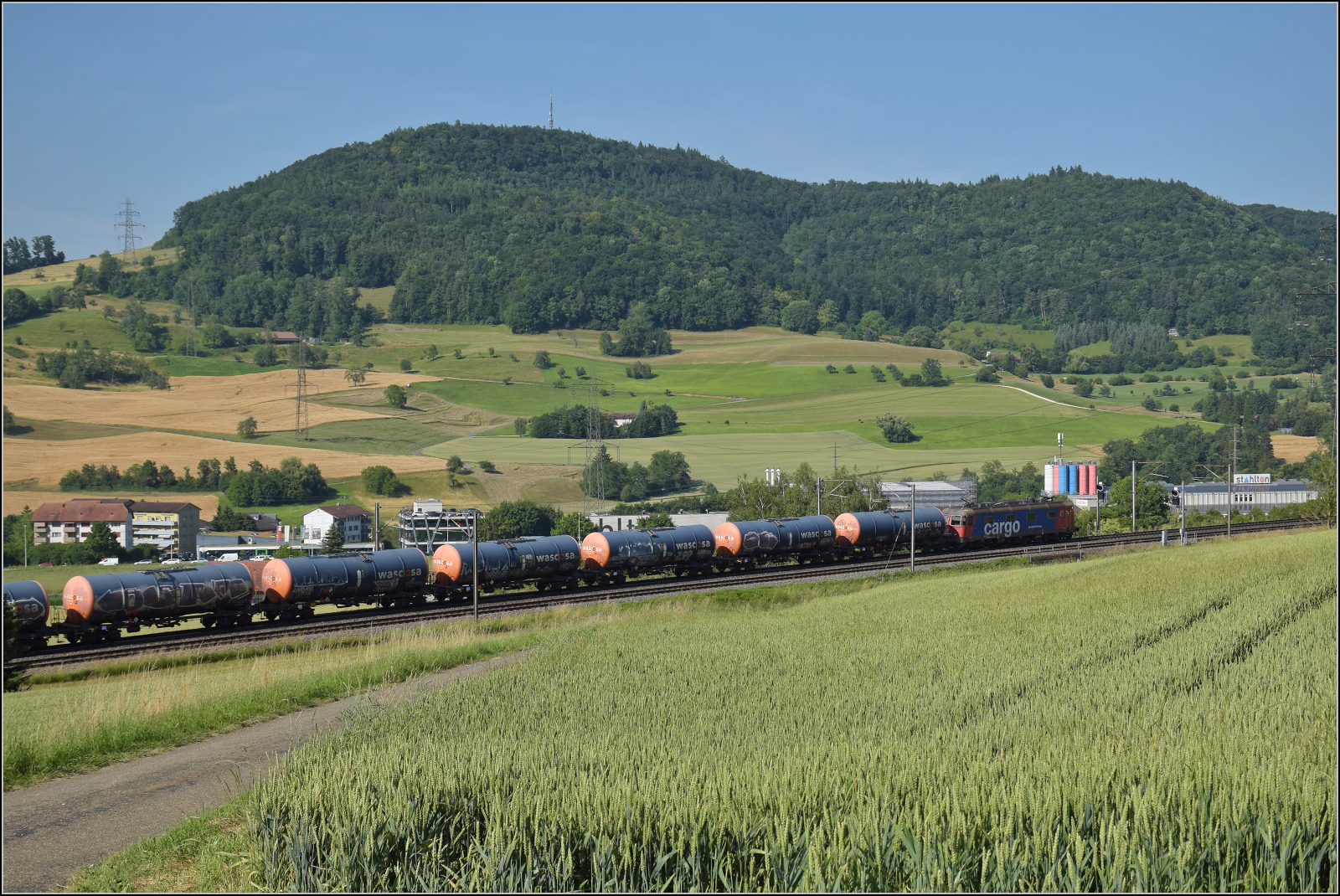 Re 6/6 11660 'Tavannes' mit Kesselwagen bei Frick, Juni 2025.