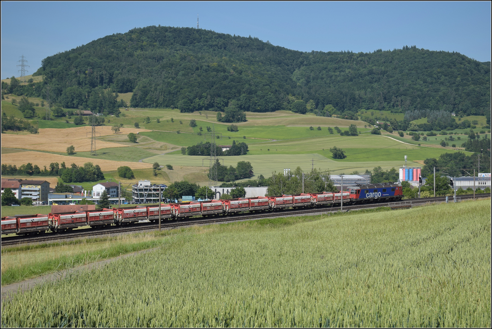 Re 6/6 11674 'Murgenthal' mit Schüttgutwagen bei Frick, Juni 2025.