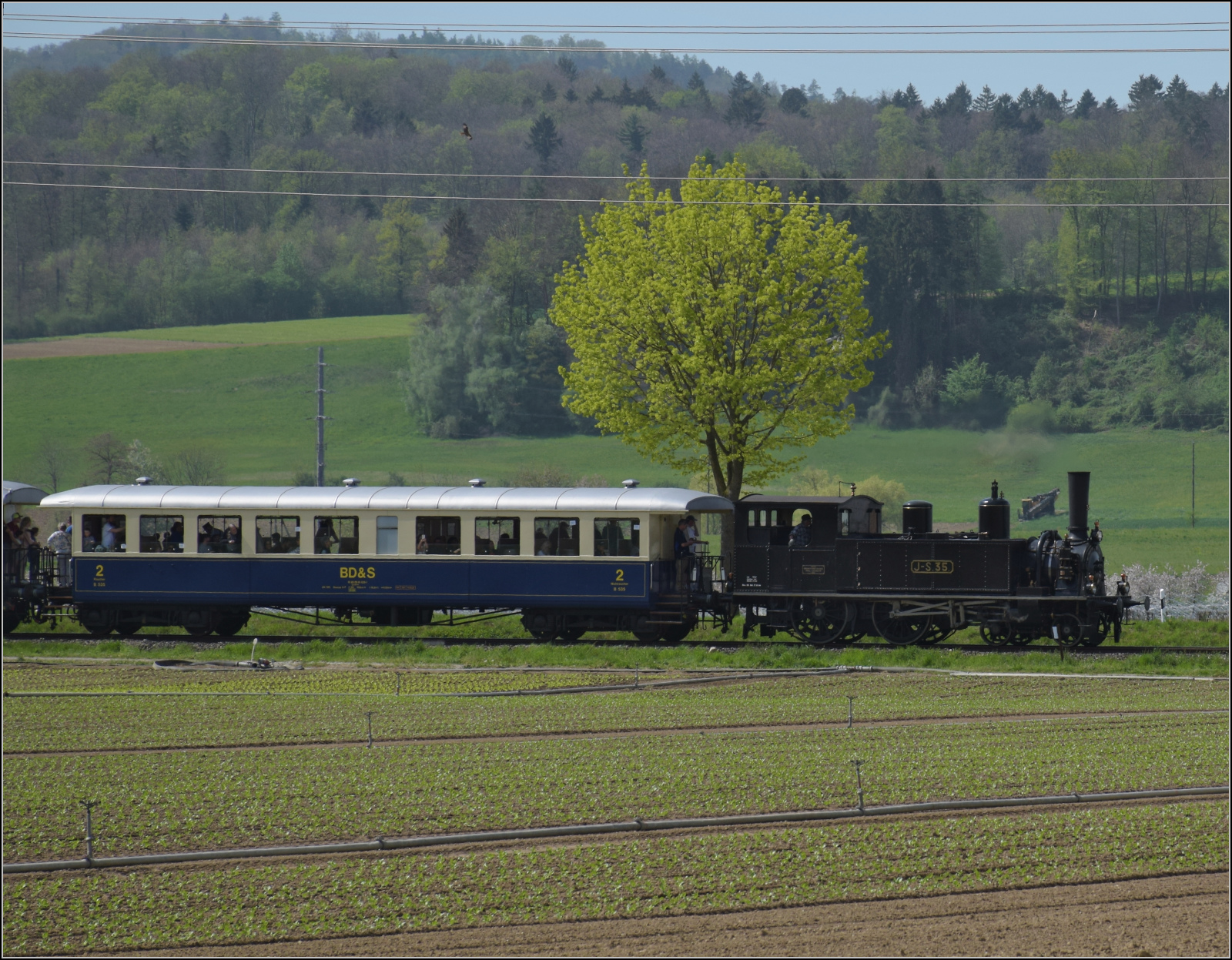 Saisonstart auf dem Schweizerbhnle.

Jura-Simplon Eb 2/4 35 durch die Weite der Felder zwischen Hemishofen und Ramsen. April 2024.