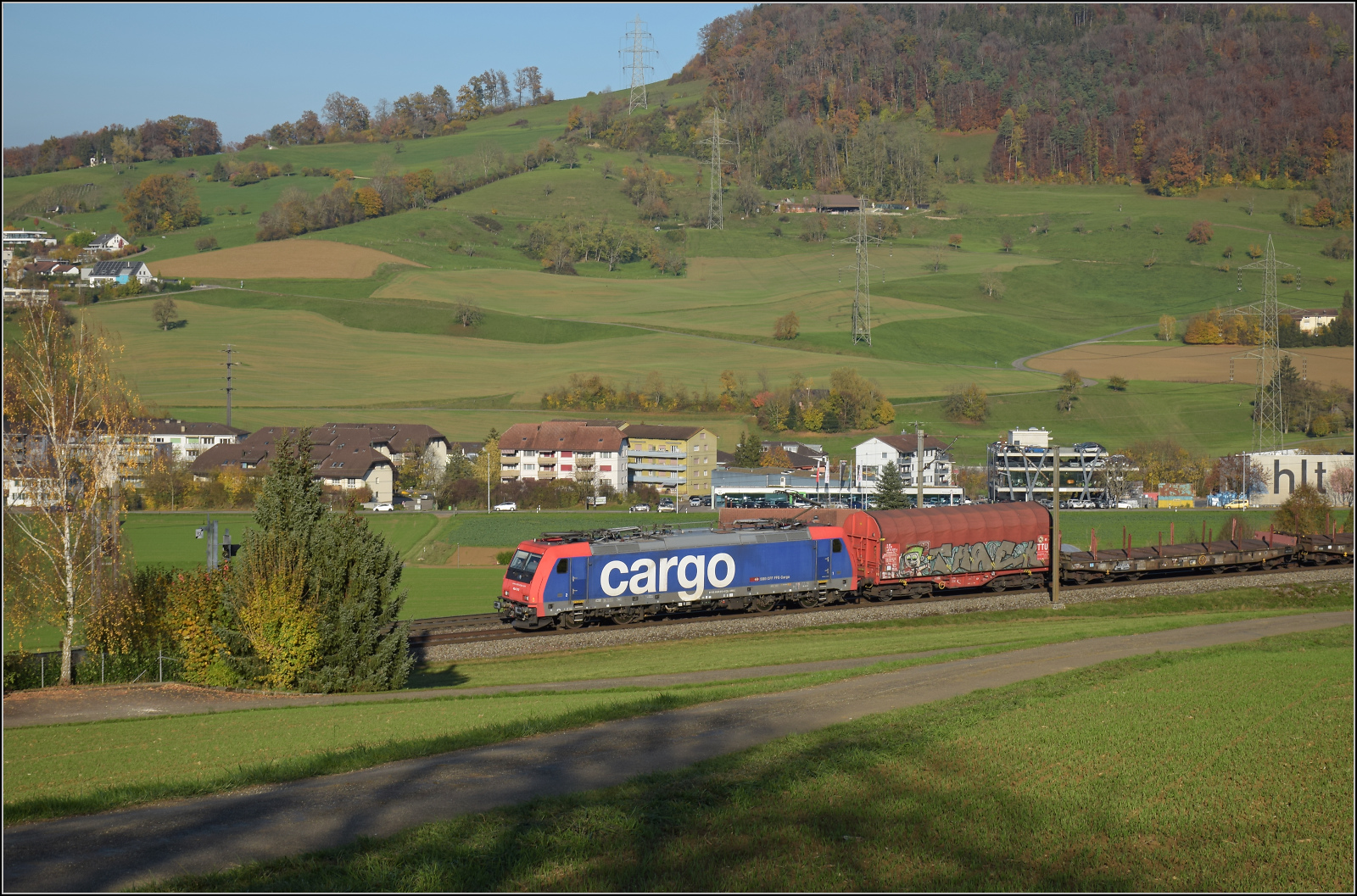 Sonnentag in Frick.

Re 484 010 mit einem Mischer auf dem Weg nach Basel. Frick, November 2024.