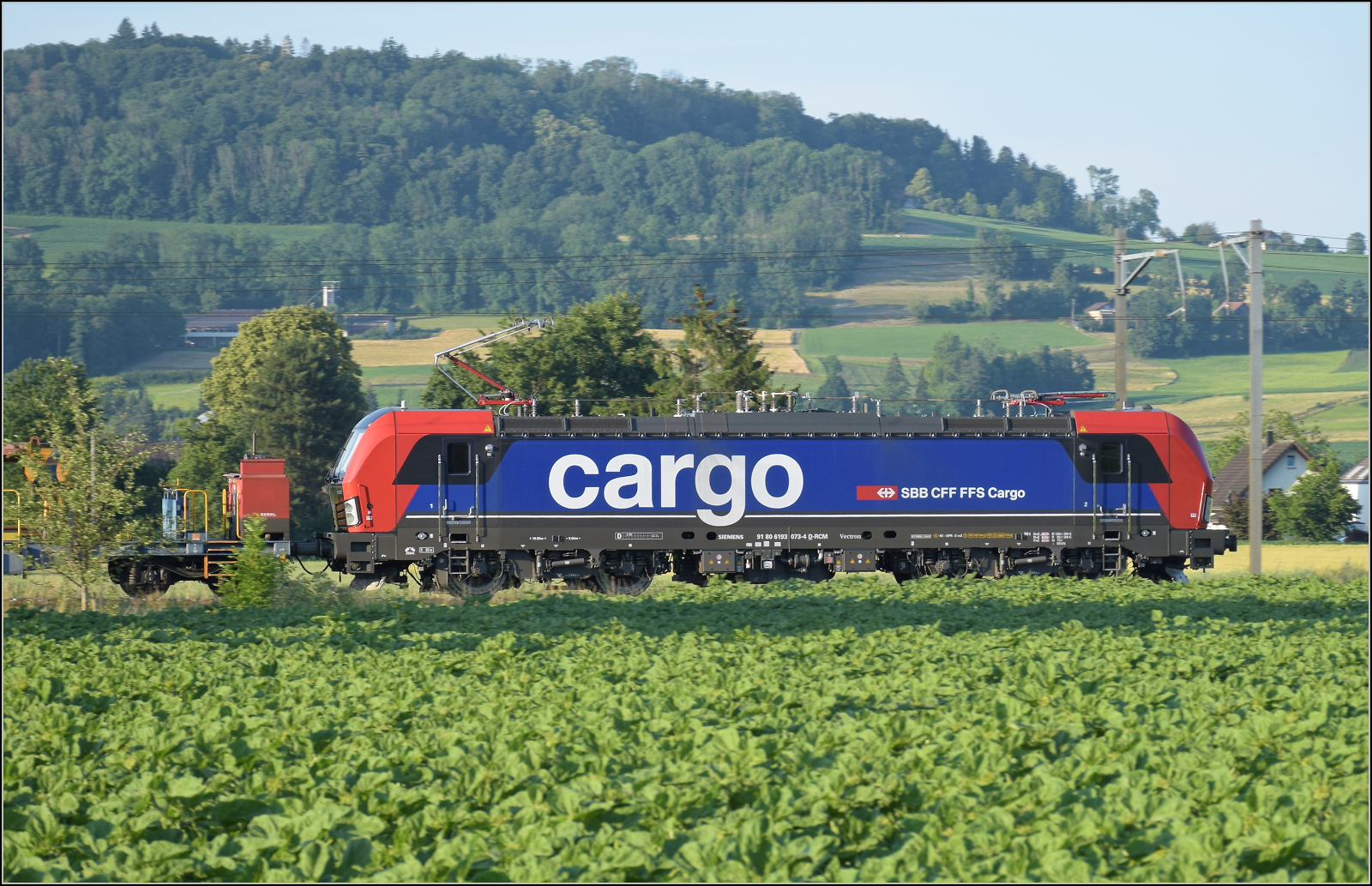 Vectronenleasingfieber nun auch bei der nationalen SBB Cargo, 193 073 von RCM mit einem Bauzug bei Hendschiken, Juni 2025.