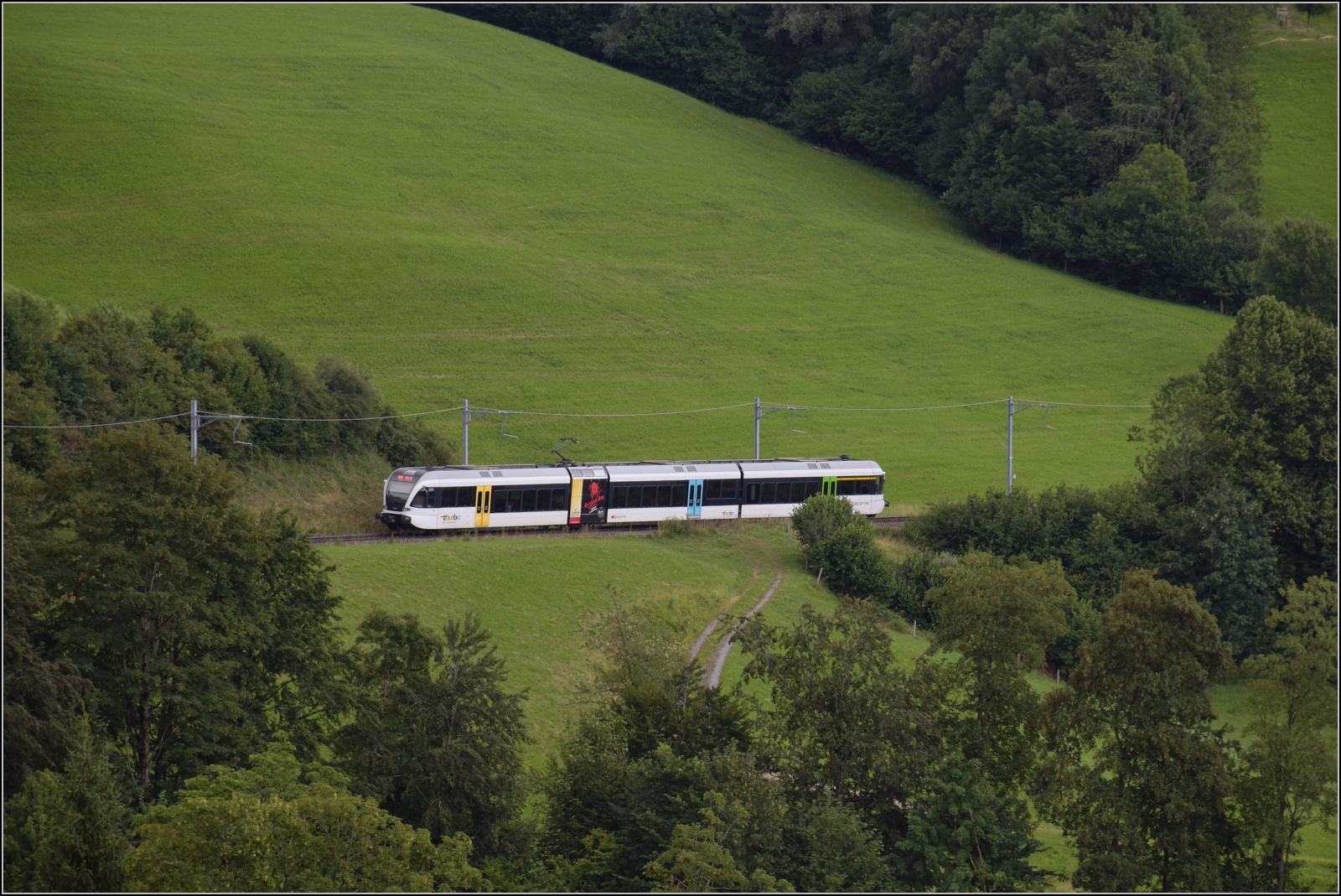 Verkehr am kleinen Gotthard. Turbo RABe 526 auf der Rampe zwischen Wald und Gibswil. Juli 2023.