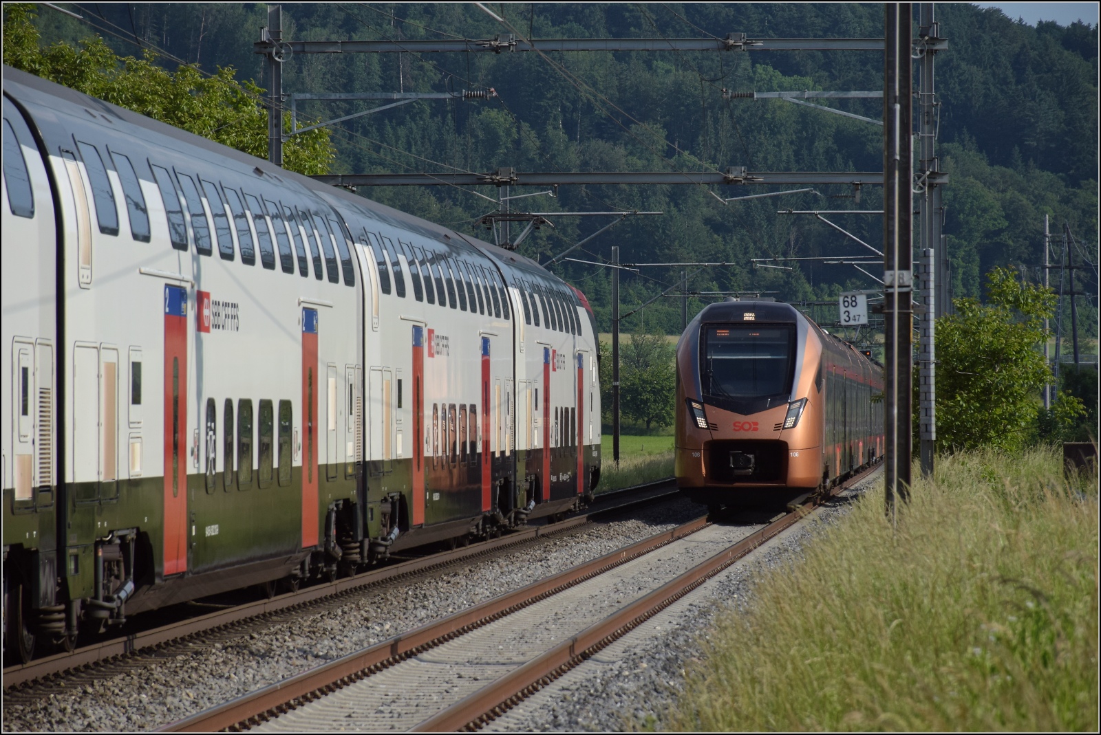 Zugbegegnung von RABe 526 111 mit RABe 502 213 und RABDe 502 018 bei Bettenhausen. Juni 2023.