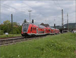 
Nur ein kurzes Würstchen, kaum sättigend für den Fahrgastandrang: 446 018 und 446 039 in Weinheim. Juli 2024.