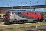 Die brummelige NeSA 218 256 mit dem Gewand der Graz-Köflacher-Bahn parkt in Aalen.