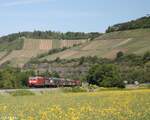 185 198-9 zieht bei Himmelstadt einen gemischten Güterzug in Richtung Würzburg.