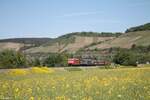 185 198-9 zieht bei Himmelstadt einen gemischten Güterzug in Richtung Würzburg.